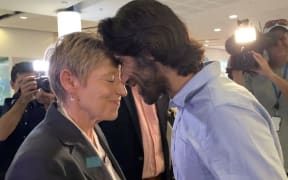 Christchurch mayor Lianne Dalziel and refugee journalist Behrouz Boochani hongi after his arrival in Christchurch.