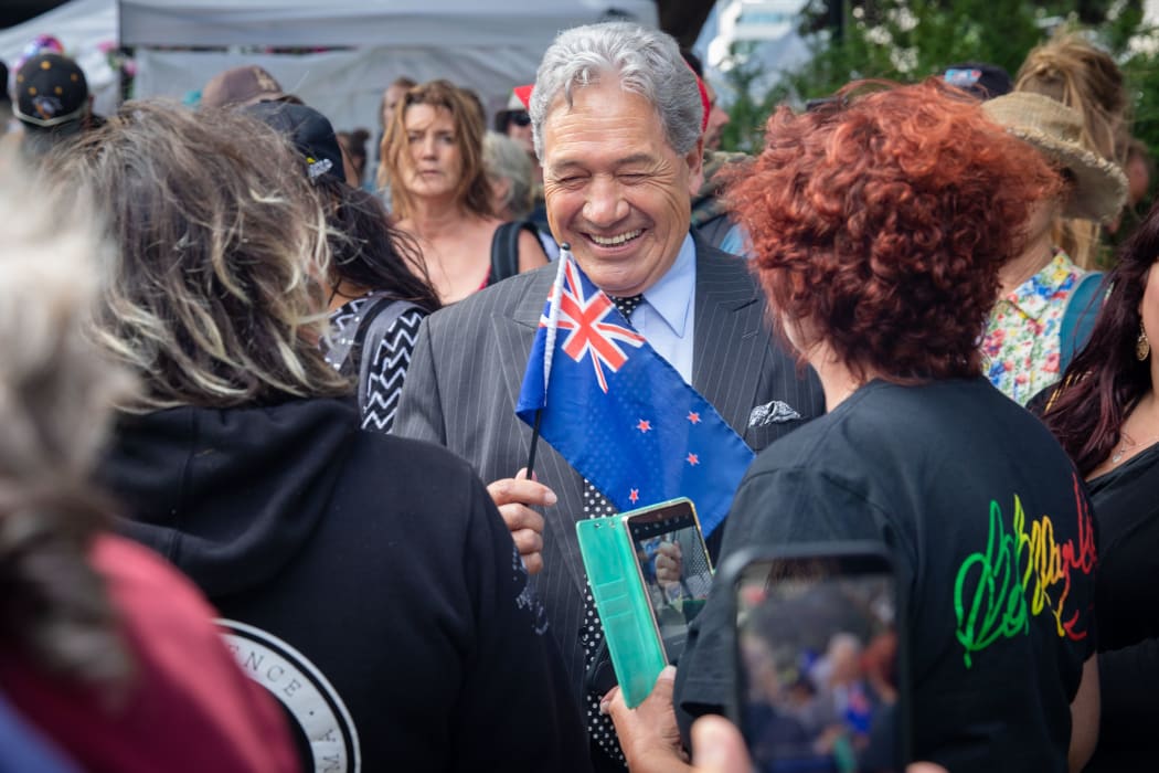 Winston Peters visits protestors at Parliament