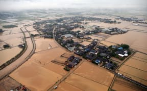 The city of Asakura flooded because of heavy rain in Fukuoka Prefecture.