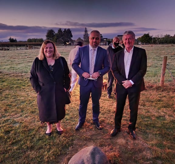 Nelson MP Rachel Boyack, Associate Housing Minister Peeni Henare and West Coast Tasman MP Damien O'Connor at the dawn blessing for the new housing development at Te Āwhina Marae.