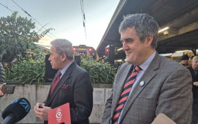 Winston Peters and Chris Bishop at Wellington Rail Station, May 2025.