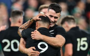 2023 Rugby World Cup Quarter-Final, Stade de France, Paris, France 14/10/2023 
Ireland vs New Zealand 
New Zealand’s Will Jordan and Aaron Smith celebrate after the game 
Mandatory Credit ©INPHO/Billy Stickland/www.photosport.nz