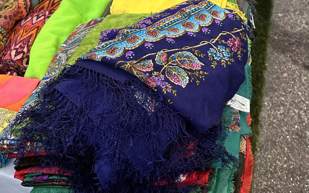 Scarves and shawls for sale at the 2024 Ramadan Night Market in New Lynn.
