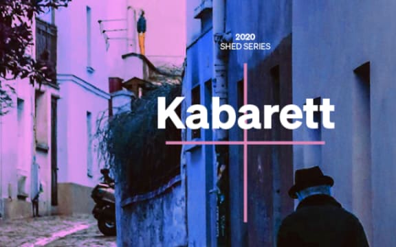 NZSO Kabarett Logo, a street scene with a man in the foreground