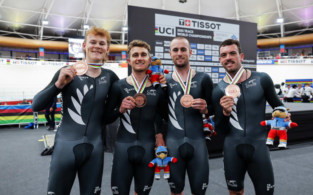 Picture by Alex Whitehead/SWpix.com - 23/10/2025 - Cycling - 2025 Tissot UCI Track World Championships - Velódromo Peñalolén, Santiago, Chile - Men’s Team Pursuit Podium - Thomas Sexton (New Zealand), Marshall Erwood (New Zealand), Keegan Hornblow (New Zealand), Nicholas Kergozou de la Boessiere (New Zealand) receiving the Bronze Medals