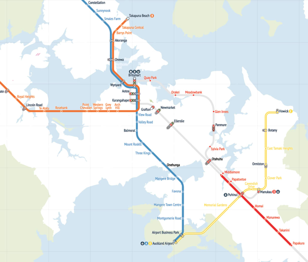 Infographic showing Labour's proposed North-Western light rail line (orange), central line (blue), and rapid bus link (yellow).