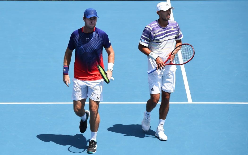 L-R Luke Bambridge from England and Ben Mclachlan from Japan during their Semi Finals Doubles match against Belgium combination of Sander Gille and Joran Vliegen from Japan at the 2020 ASB Classic Mens