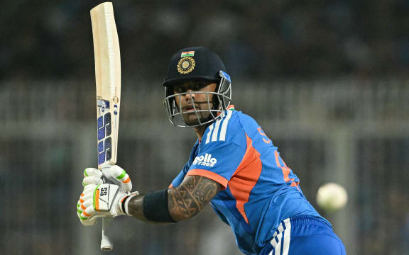 India's captain Suryakumar Yadav plays a shot during the T20 Cricket World Cup super eights match against West Indies in Kolkata on March 1, 2026. (Photo by Dibyangshu SARKAR / AFP)