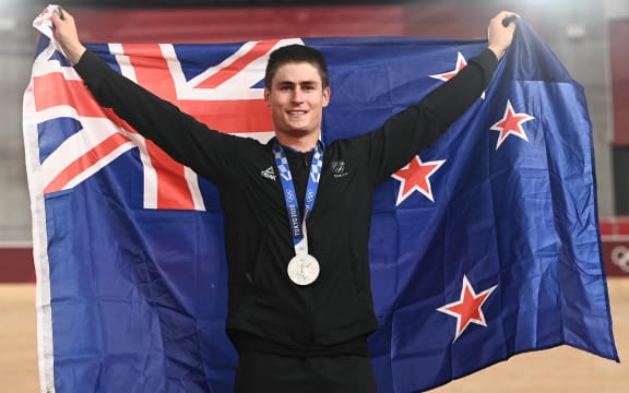 Tokyo 2020 Olympics - 05/08/2021 - Cycling Track - Izu Velodrome, Izu, Japan - Campbell Stewart of New Zealand celebrates coming second in the men's Omnium (Silver)