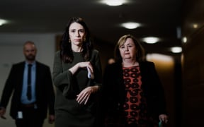 Prime Minister Jacinda Ardern and Housing Minister Megan Woods arrive at a post-Cabinet media briefing.  22/06/20