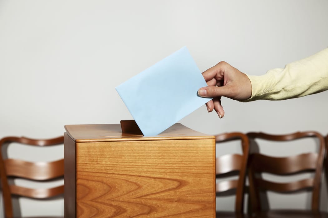 11153916 - a young woman with a voter in the voting booth. voting in a democracy