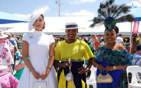 From left, Danni Alfeld, Foster Mwaba and Marlene Robertson at the New Zealand Trotting Cup at Addington Raceway on 11 November, 2025.