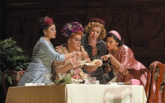 Ailyn Pérez as Alice, Marie-Nicole Lemieux as Mistress Quickly, Jennifer Johnson Cano as Meg, and Golda Schultz as Nannetta