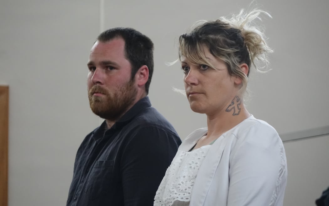 George Hyde and Sandy Graham in the dock of the High Court at Invercargill this afternoon. Graham murdered her partner Dale Watene in April 2020 and Hyde helped cover up the crime in the days following.