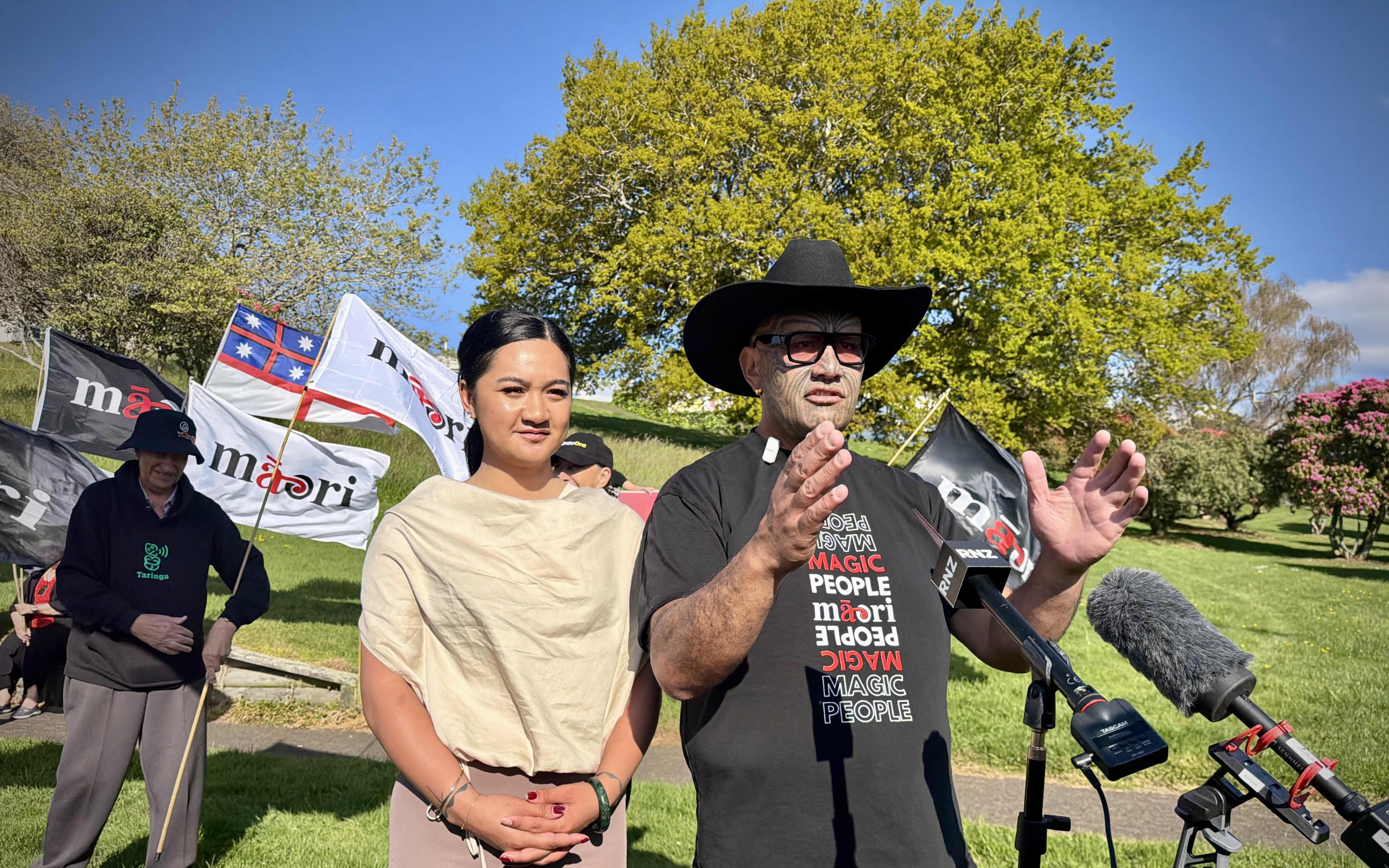Hana Maipi-Clarke and Rawiri Waititi announcing a kohanga reo and kura policy in Rotorua.