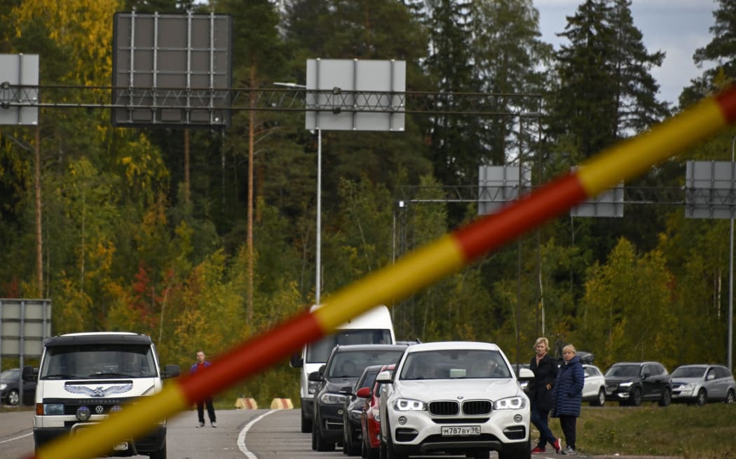 Traffic from Russia lines up waiting to enter Finland at the border crossing at Vaalimaa, Finland on 22 September 2022.