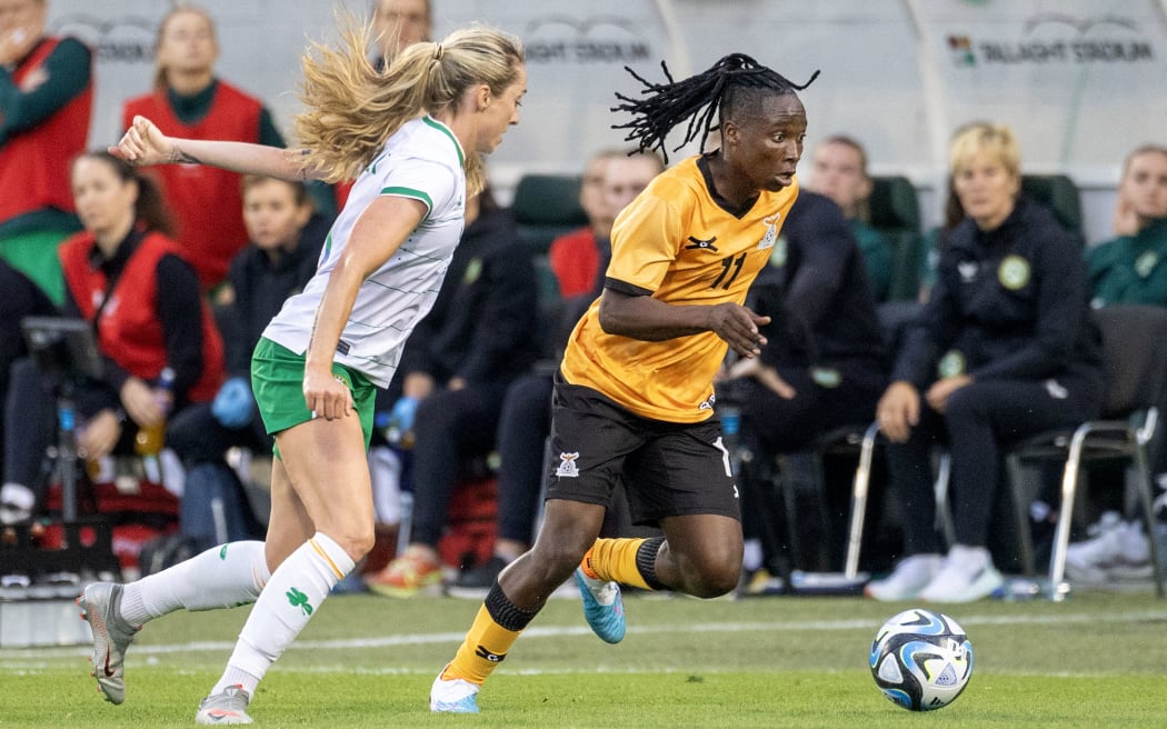 DUBLIN, IRELAND - JUNE 22:  Barbra Banda #11 of Zambia defended by Megan Connolly #6 of the Republic of Ireland during the Republic of Ireland WNT v Zambia WNT, International Friendly match in preparation for the FIFA Women's World Cup at Tallaght Stadium on June 22nd, 2023, in Dublin, Ireland. (Photo by Tim Clayton/Corbis via Getty Images)