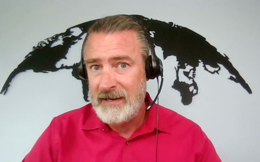 Geopolitics expert Peter Zeihan talks in studio with RNZ's Guyon Espiner.
