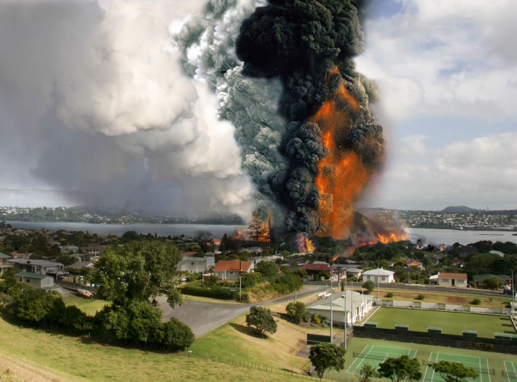 An image of a fictitious volcanic eruption in Auckland, produced as part of Exercise Ruamoko in 2008.