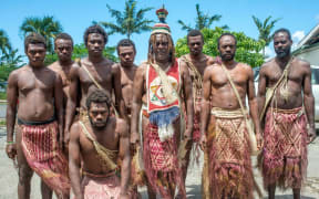 The group jailed for contempt: Chief Viraleo Boborenvanua and eight men from Pentecost dressed in traditional garb.