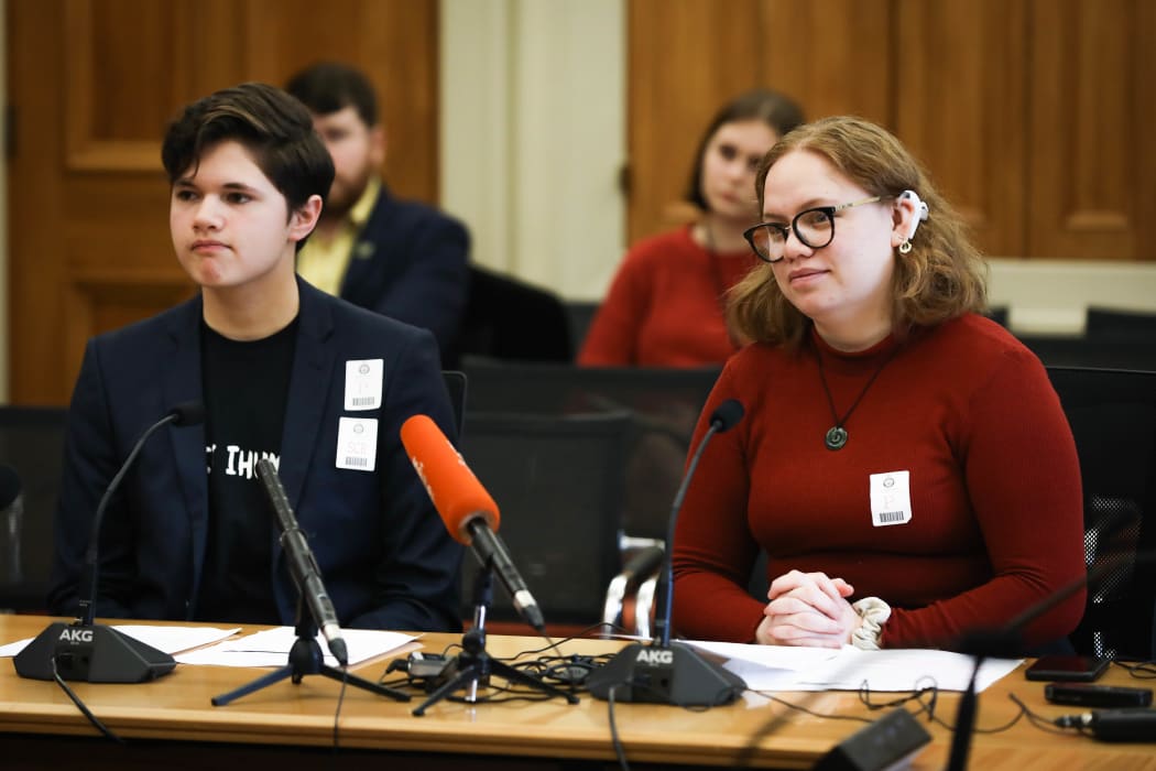 Youth MPs Christian Dennison (left) and Cha'nel Kaa-Luke (right) submit to the Maori Affairs Committee