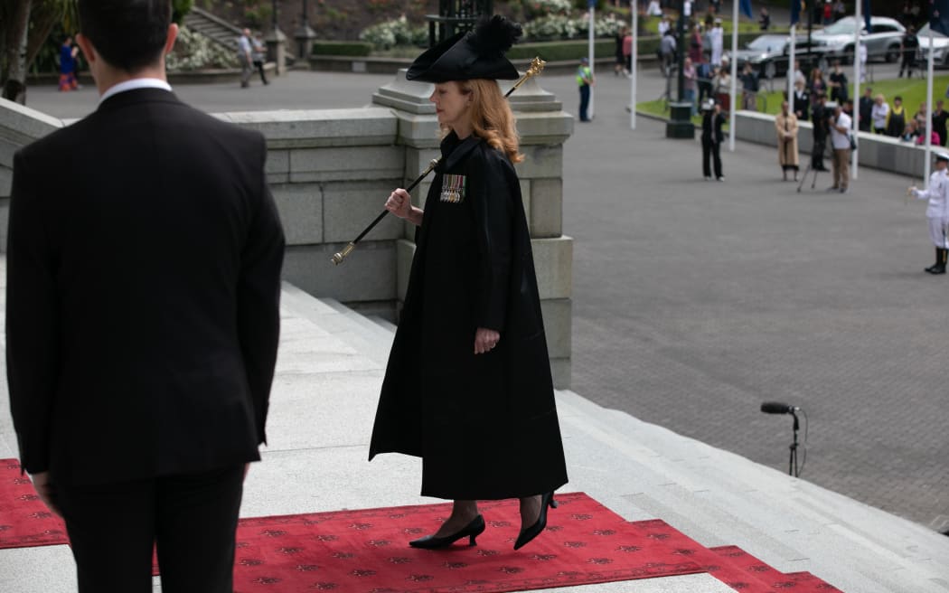 Sandra McKie, the Usher of the Black Rod, arrives at the State Opening of Parliament, 6 December 2023.