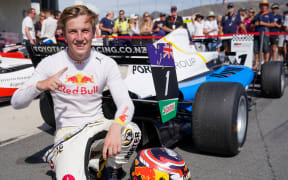 Liam Lawson after victory in a Toyota Racing Series event at Highlands Motorsport Park, Cromwell in 2020.