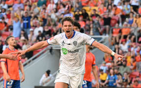 Nando Pijnaker of Auckland FC after scoring against the Brisbane Roar.