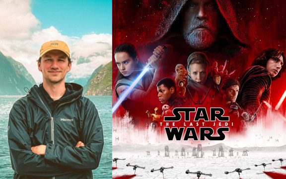 Two images side by side. On the left is a picture of Henry Erdman outdoors by a scenic lake. He smiles at the camera. On the right, a red and white stylised movie poster for Star Wars: The Last Jedi.