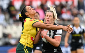 Yasmin Clydsdale of Australia and Brianna Clark of New Zealand.
New Zealand Kiwi Ferns v Australia Jillaroos 2024 Pacific Championships rugby league test match at Apollo Projects Stadium, Christchurch, New Zealand on Sunday 27 October 2024. © Photo: Andrew Cornaga / Photosport