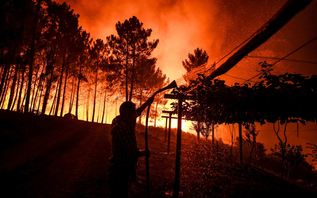 A villager holds a hose as a wildfire comes close to his house at Amendoa in Macao, central Portugal on July 21, 2019.