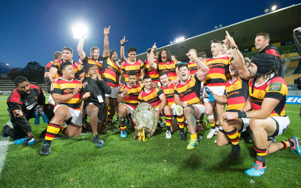 Waikato celebrates winning the Ranfurly Shield off Taranaki in 2018.