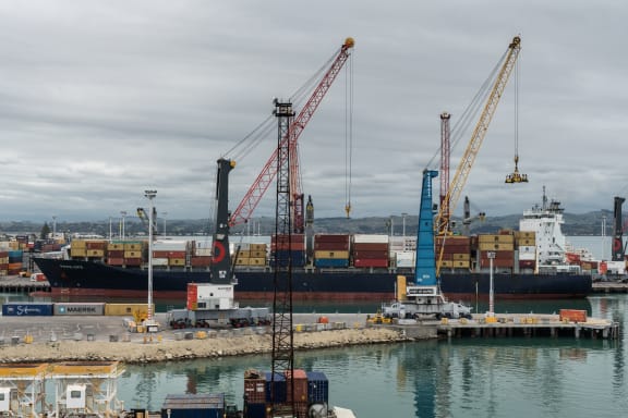 Container ship in commercial port of Napier, New Zealand.