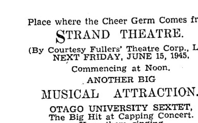 Otago Daily Times 12 June 1945, advertising the Otago Sextet singing 'Blue Smoke'