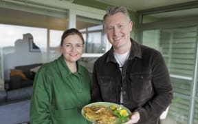 Louis Baker cooking up whitebait fritters for Music 101 host Charlotte Ryan