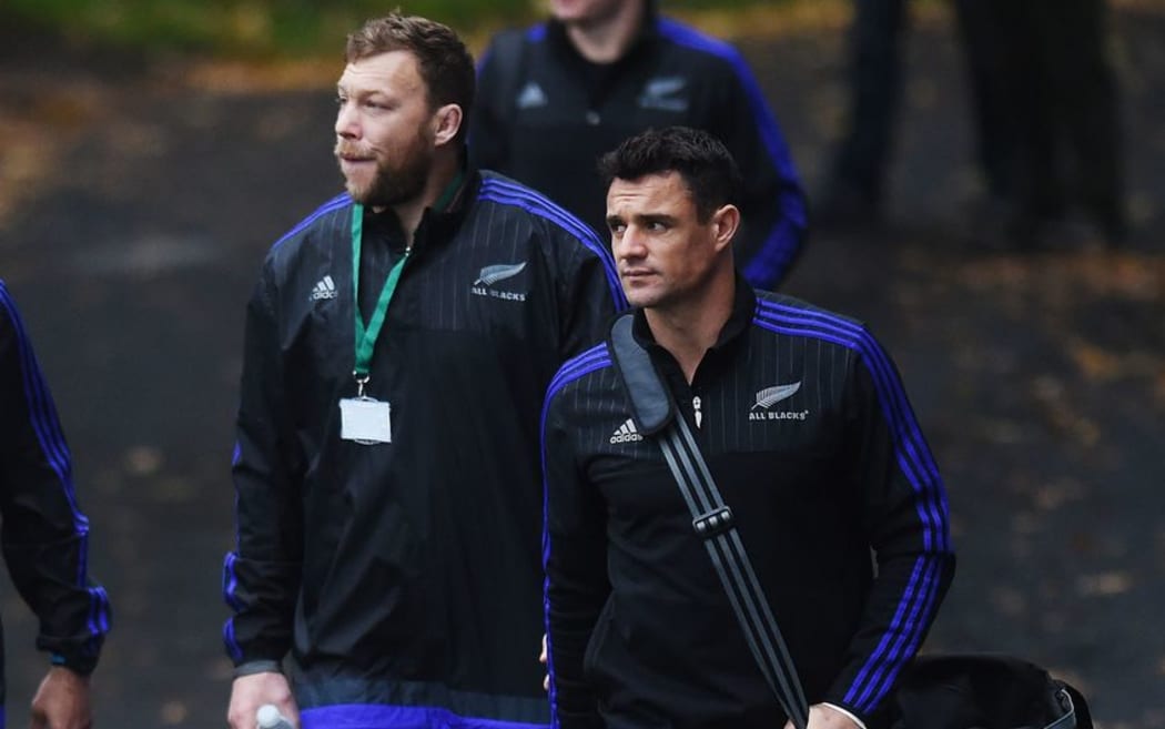 Dan Carter (R) and Wyatt Crockett arrive for the final All Blacks training session ahead of the World Cup final at the Pennyhill Park Hotel, Bagshot, London. Rugby World Cup 2015. Thursday 29 October 2015. Copyright photo: Andrew Cornaga / www.photosport.nz
