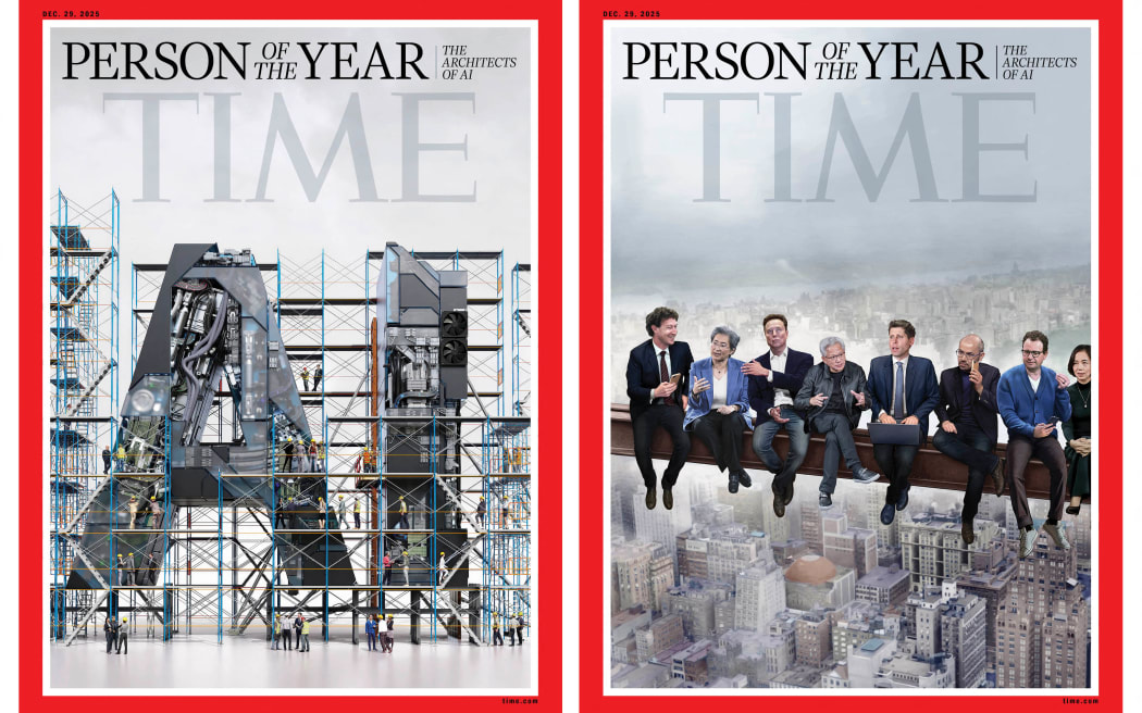 These magazine cover images courtesy of TIME/TIME Person of the Year obtained on 11 December, 2025 shows two covers of TIME Magazine announcing "Architects of AI" as the 2025 TIME Person of the Year, featuring an illustration by Peter Crowther for TIME (left image) and a painting by Jason Seiler for TIME (right image).