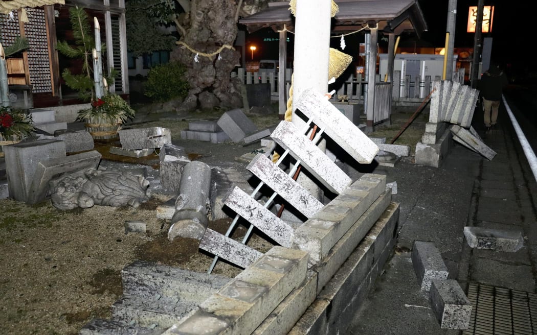A shrine is destroyed by a massive earthquake in Nanao City, Ishikawa Prefecture on January 1, 2024. A massive earthquake occurred near Ishikawa Prefecture of Noto Peninsula, and a major tsunami warning was issued for the Noto region. The Japan Meteorological Agency announced that the magnitude was 7.6.( The Yomiuri Shimbun ) (Photo by YOMIURI SHIMBUN / Yomiuri / The Yomiuri Shimbun via AFP)