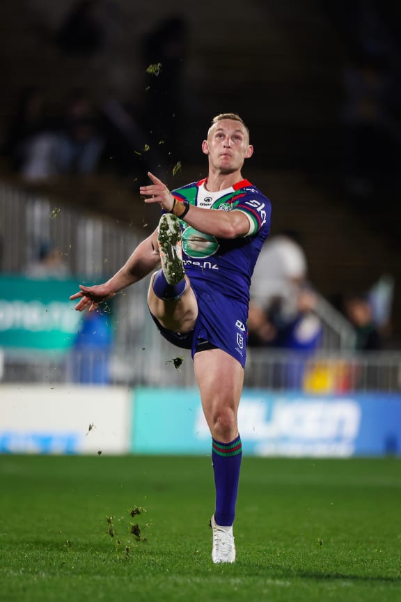 Tanah Boyd of the Warriors looks skyward after a kick, One New Zealand Warriors v Wests Tigers.