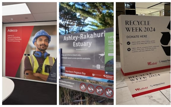 3 images - first is a wall made out of plastic created from waste textile  with printed image of  bearded man in hardhat, ear protection and hi viz vest, second is a sign on a panel for  an estuary and  third is mall signage about a re-cycling week