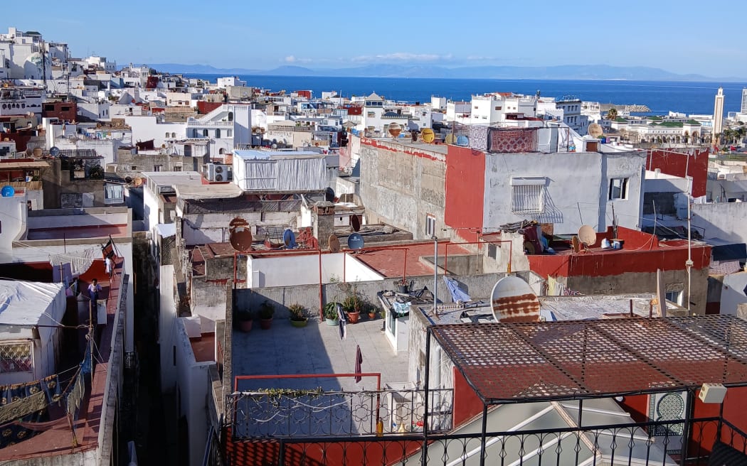 Riad rooftop in Tangier, with a view of southern Spain across the Mediterranean