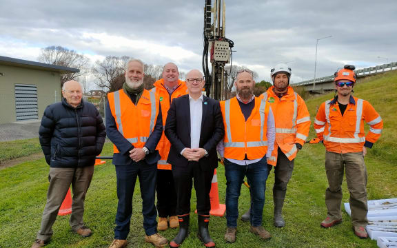 Hur1149LDRbypass: Waimakariri MP Matt Doocey (front, centre) checked in last year on progress with geotech work in preparation for the Woodend Bypass. Photo: David Hill / North Canterbury News [LDR single use only]