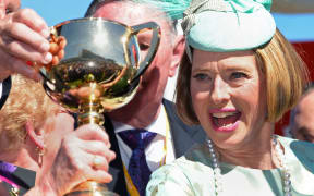 Gai Waterhouse celebrates last year's Melbourne Cup win.