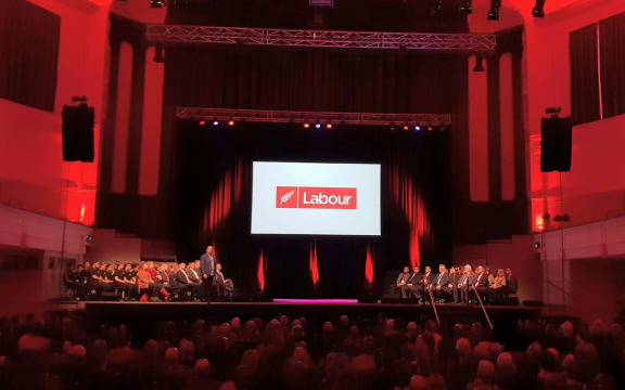 The red-lit Dunedin Town Hall, the venue for  this year's Labour party conference.