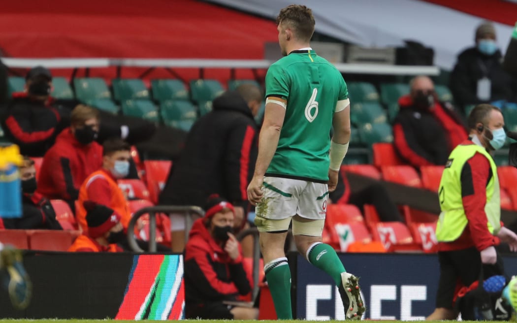 Ireland's flanker Peter O'Mahony walks off the field after being sent off for foul play during the Six Nations rugby union match again Wales at the Principality Stadium in Cardiff, south Wales, on February 7, 2021.