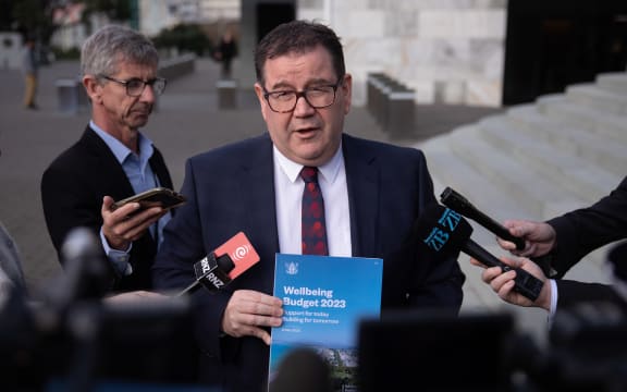 Finance minister Grant Robertson showing the cover of Budget 2023 the day before its reveal