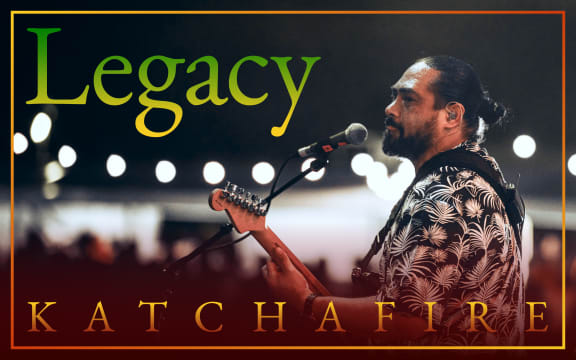 A singer and guitarist stands in front of a large outdoor crowd in the evening. Text reads "Legacy. Katchafire".