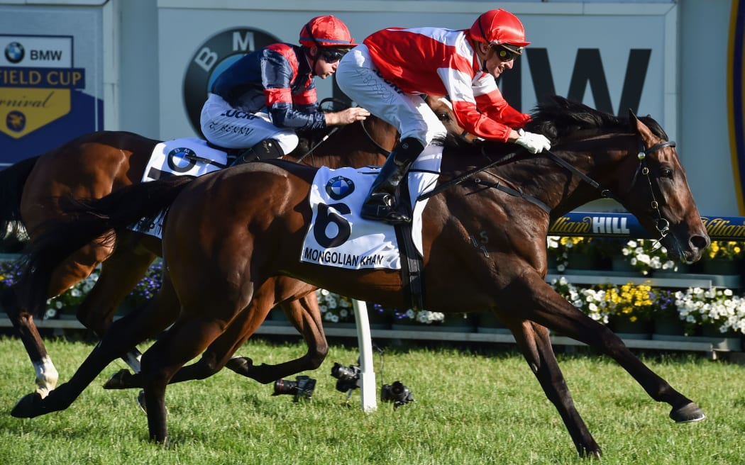 Opie Bosson riding Mongolian Khan defeats Tommy Berto win the Caulfield Cup, 2015.