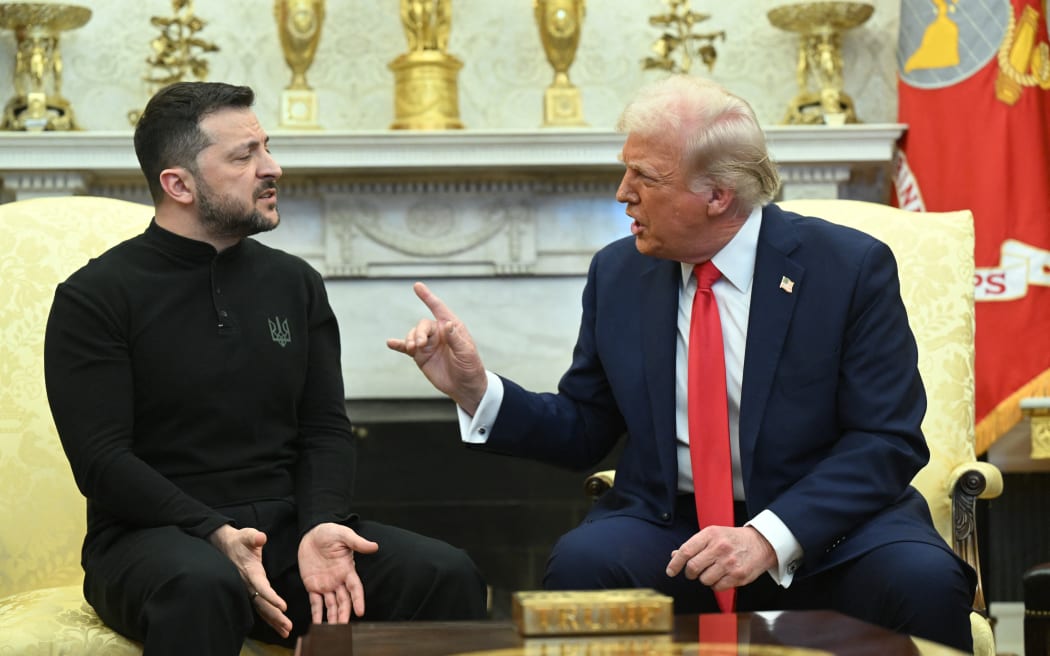 US President Donald Trump and Ukraine's President Volodymyr Zelensky meet in the Oval Office of the White House in Washington, DC, February 28, 2025.