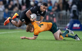 All Blacks winger Sevu Reece during the 2021 Bledisloe Cup Test rugby match between the All Blacks and Australia held at Eden Park